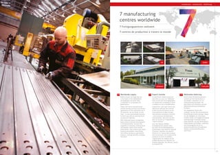 04
Working with Hadley Steel Framing
UK DUBAI
Worldwide supply
Hadley Group’s heritage may be
in the heart of the UK Midlands
yet geography has never been
a constraint to our growth and
globalisation.
Today, with seven manufacturing
centres serving contracts and licence
agreements on five continents and in
36 countries, we are firmly ‘on the
map’ - a truly international business,
in every way with an unerring focus
on practical ingenuity.
With dedicated teams strategically
based where economic development
is moving forwards, we have the
capability to innovate; meeting local
and bespoke needs within almost
every sector, from construction (steel
framing and profiles), shop fitting
and vehicle sections to agricultural
products, fencing and PVCu windows
and doors.
Export mondia
Le patrimoine Hadley Group est
peut-être au coeur du “Midlands”
mais encore une fois la géographie
n’a jamais été un obstacle à notre
croissance et de la mondialisation.
Aujourd’hui, avec sept centres de
fabrication offrants des contrats
et des accords de licence sur les
cinq continents et dans 36 pays,
nous sommes clairement reconnus
- une entreprise véritablement
internationale, dans tous les sens
avec un accent sur l’ingeniérie et
l’esprit pratique.
Avec des équipes dédiées,
stratégiquement placées dans
les zones clé de développement
économique, nous avons la capacité
d’innover, répondre aux besoins
locaux et sur mesure dans presque
tous les secteurs, de la construction
(ossature en acier et profiles),
l’agencement de magasins et de
profilés déstinés aux véhicule aux
produits agricoles, les clôtures, portes
et fenêtres PVC.
Weltweite lieferung
Durch sieben Produktionszentren,
verteilt auf fünf Kontinenten in
36 Ländern, betreiben wir ein
internationales Geschäft, mit
dem Fokus auf Innovation und die
Weiterentwicklung vorhandener
Produkte.
Mit engagierten Teams dort
ansässig, wo sich die wirtschaftliche
Entwicklung vorwärts bewegt, haben
wir die Fähigkeit zur Innovation;
erfüllen lokale und maßgeschneiderte
Anforderungen innerhalb nahezu
jeder Branche, von der Konstruktion
(Stahlrahmen und Profile), Ladenbau
und Fahrzeugteile bis hin zu
landwirtschaftlichen Erzeugnissen,
Zäunen und Kunststofffenstern
und Türen.
UK GERFR
GERMANY THAILAND
07
Introduction - Introduction - Einführung
7 manufacturing
centres worldwide
7 Fertigungszentren weltweit
7 centres de production à travers le monde
 