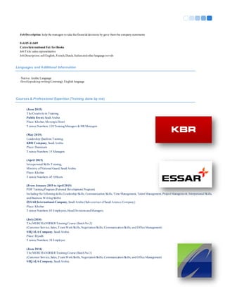 3
Job Description: helpthe managers totake thefinancial decisions by gave themthe companystatements
Feb 05-Feb09
CairoInternational Fairfor Books
JobTitle: sales representative
JobDescription: sell English, French, Dutch, Italianandother language novels

Languages and Additional Information
Native: Arabic Language
.Good(speaking-writing-Listening): English language
Courses & Professional Expertise (Training done by me)
(June 2015)
The Creativityin Training,
Public Event, Saudi Arabia
Place: Khobar,MovenpicHotel
Trainee Numbers: 120TrainingManagers & HR Managers
(May 2015)
Leadership Qualities Training,
KBR Company, Saudi Arabia
Place: Dammam
Trainee Numbers: 15 Managers
(April 2015)
Interpersonal Skills Training,
Ministry ofNational Guard, Saudi Arabia
Place: Khobar
Trainee Numbers: 45 Officers
(From January 2015 toApril 2015)
PDP TrainingProgram(Personal Development Program)
Includingthe followingskills (Leadership Skills, Communication Skills, Time Management, Talent Management, Project Management, Interpersonal Skills,
andBusiness WritingSkills)
ESSAR International Company,Saudi Arabia (Sub-contract ofSaudi Aramco Company)
Place: Khobar
Trainee Numbers: 85 Employees,HeadDivisions andManagers.
(July2014)
The MERCHANDISER TrainingCourse (BatchNo.2)
(Customer Service,Sales, TeamWorkSkills, NegotiationSkills, CommunicationSkills, and Office Management)
SEQALA Company, Saudi Arabia.
Place: Riyadh
Trainee Numbers: 38 Employee
(June 2014)
The MERCHANDISER TrainingCourse (BatchNo.1)
(Customer Service,Sales, TeamWorkSkills, NegotiationSkills, CommunicationSkills, andOffice Management)
SEQALA Company, Saudi Arabia.
 