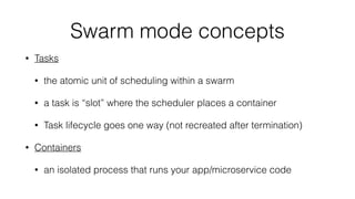 Swarm mode concepts
• Tasks
• the atomic unit of scheduling within a swarm
• a task is “slot” where the scheduler places a container
• Task lifecycle goes one way (not recreated after termination)
• Containers
• an isolated process that runs your app/microservice code
 