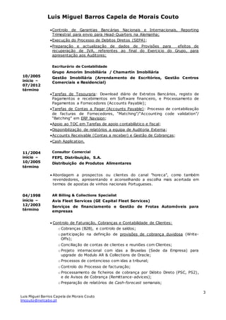 Luis Miguel Barros Capela de Morais Couto
Luis Miguel Barros Capela de Morais Couto
lmcouto@netcabo.pt
3
10/2005
início –
07/2012
término
Controlo de Garantias Bancárias Nacionais e Internacionais, Reporting
Trimestral para envio para Head-Quarters na Alemanha;
Execução do Processo de Debitos Diretos (SEPA);
Preparação e actualização de dados de Provisões para efeitos de
recuperação de IVA, referentes ao final do Exercicio do Grupo, para
apresentação aos Auditores;
Escriturário de Contabilidade
Grupo Amorim Imobiliária / Chamartín Imobiliária
Gestão Imobiliária (Arrendamento de Escritórios, Gestão Centros
Comerciais e Residencial)
Tarefas de Tesouraria: Download diário de Extratos Bancários, registo de
Pagamentos e recebimentos em Software financeiro, e Processamento de
Pagamentos a Fornecedores (Accounts Payable);
Tarefas de Contas a Pagar (Accounts Payable): Processo de contabilização
de facturas de Fornecedores, “Matching”/“Accounting code validation”/
“Batching” em ERP Navision;
Apoio ao TOC em Tarefas de apoio contabilístico e fiscal;
Disponibilização de relatórios a equipa de Auditoria Externa;
Accounts Receivable (Contas a receber) e Gestão de Cobranças;
Cash Application.
11/2004
início –
10/2005
término
Consultor Comercial
FEPI, Distribuição, S.A.
Distribuição de Produtos Alimentares
 Abordagem a prospectos ou clientes do canal "horeca", como também
revendedores, apresentando e aconselhando a escolha mais acertada em
termos de apostas de vinhos nacionais Portugueses.
04/1998
início –
12/2003
término
AR Billing & Collections Specialist
Avis Fleet Services (GE Capital Fleet Services)
Serviços de financiamento e Gestão de Frotas Automóveis para
empresas
 Controlo de Faturação, Cobranças e Contabilidade de Clientes:
o Cobranças (B2B), e controlo de saldos;
o participação na definição de provisões de cobrança duvidosa (Write-
Offs);
o Conciliação de contas de clientes e reuniões com Clientes;
o Projeto internacional com idas a Bruxelas (Sede da Empresa) para
upgrade do Modulo AR & Collections de Oracle;
o Processos de contencioso com idas a tribunal;
o Controlo do Processo de facturação;
o Processamento de ficheiros de cobrança por Débito Direto (PSC, PS2),
e de Avisos de Cobrança (Remittance-advices);
o Preparação de relatórios de Cash-forecast semanais;
 