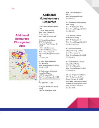 20
Additional
Resources
Chicagoland
Area
Additional
Homelessness
Resources
1) Bickerdike Redevelopment
Corp
2550 W. North Avenue
West Town, Chicago, IL
773-227-6332
http://www.bickerdike.org/
2) Chicago Dream Center
2704 W. North Ave
Humboldt Park, Chicago, IL.
60647
---New Life for women
1636 N. California Avenue,
West Town,Chicago IL
http://www.chicagodreamcenter.
org/
773-384-2200
3) Santa Maria Addolorata
528 N Ada St
West, Town,Chicago, IL 60642
312-421-3122
4) Northwestern Settlement
House Food Pantry
1400 W Augusta Blvd
West Town,Chicago, IL 60622
https://northwesternsettlement.or
g/
773- 278-7471 x1104
5) Pilgrim Rest M.B.C. Food
Pantry
1901 W Washington Blvd ,
West Town, Chicago, IL
60612
http://pilgrimrestmb.com/
312-243-7579
6) First Baptist Congregational
Food Pantry
1613 W Washington Blvd
West Town, Chicago, IL 60612
312-243-8047
7) St. Malachy Church
Mobile Food Pantry
2248 W Washington St
West Town, Chicago, IL 60612
312-919-1610 (cell)
8) Franciscan Outreach
(Marquard) Soup Kitchen
1645 W Le Moyne St
West Town,Chicago, IL 60622
773-278-6724
9) First Bethlehem Lutheran
Church Food Pantry
1649 W LeMoyne St.
West Town, Chicago, IL 60622
773-276-2338
10​) ​Erie Neighborhood House
1701 W. Superior St. West
Town, Chicago, IL 60622
http://www.eriehouse.org/page/s
ee-what-we-do/programs/youth/
early-childhood-education
312-563-5800
l
 