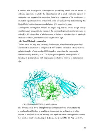 10
Crucially, this investigation challenged the pre-existing belief that the nature of
cytokine receptors preclude the identification of a small molecule agonist or
antagonist, and supported the suggestion that a large proportion of the binding energy
in protein-ligand interactions comes from just a few contacts26
by demonstrating this
high affinity binding in a compound after an 85% reduction in mass.
Although this investigation presents the largest leap forward toward a high affinity
small molecule antagonist, the nature of the compounds presents similar problems to
using IL-1RA: the method of administration is limited to injection, there is no simple
chemical synthesis, and the molecular weight is still high.
1.2.3 Small Molecule Antagonism
To date, there has only been one study that involved using chemically synthesised
compounds in an attempt to antagonise IL-1R27
and this attained an affinity that was
only in the order of micromolar, 1000 times less potent than the compounds
demonstrated by Yanofsky et al. The investigation operated on the premise of
targeting pi-pi interactions with ring systems in what was believed to be the active
site.
In a previous study it was attempted to assess the interactions involved and the
overall quality of binding in an effort to demonstrate the ability of an in silico
method to provide a model for binding. This paper was based on the premise that the
key residues involved in binding of IL-1α and IL-1β were Met-11, Arg-12, Ile-14,
FIG 2. PDB image of 1ITB: IL-1R with IL-1β bound
 