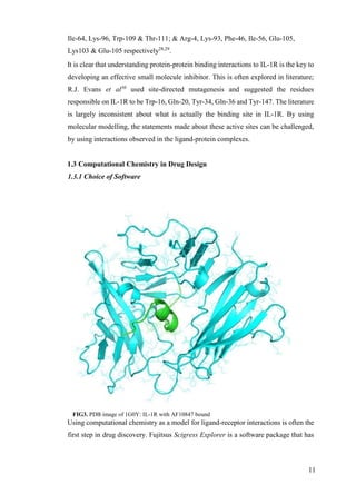 11
Ile-64, Lys-96, Trp-109 & Thr-111; & Arg-4, Lys-93, Phe-46, Ile-56, Glu-105,
Lys103 & Glu-105 respectively28,29
.
It is clear that understanding protein-protein binding interactions to IL-1R is the key to
developing an effective small molecule inhibitor. This is often explored in literature;
R.J. Evans et al30
used site-directed mutagenesis and suggested the residues
responsible on IL-1R to be Trp-16, Gln-20, Tyr-34, Gln-36 and Tyr-147. The literature
is largely inconsistent about what is actually the binding site in IL-1R. By using
molecular modelling, the statements made about these active sites can be challenged,
by using interactions observed in the ligand-protein complexes.
1.3 Computational Chemistry in Drug Design
1.3.1 Choice of Software
FIG3. PDB image of 1G0Y: IL-1R with AF10847 bound
Using computational chemistry as a model for ligand-receptor interactions is often the
first step in drug discovery. Fujitsus Scigress Explorer is a software package that has
 