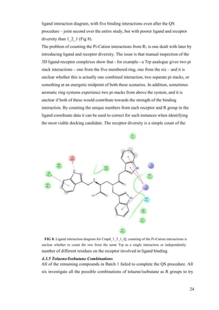 24
ligand interaction diagram, with five binding interactions even after the QS
procedure – joint second over the entire study, but with poorer ligand and receptor
diversity than 1_2_1 (Fig 8).
The problem of counting the Pi-Cation interactions from R1 is one dealt with later by
introducing ligand and receptor diversity. The issue is that manual inspection of the
3D ligand-receptor complexes show that - for example - a Trp analogue gives two pi
stack interactions – one from the five membered ring, one from the six – and it is
unclear whether this is actually one combined interaction, two separate pi stacks, or
something at an energetic midpoint of both these scenarios. In addition, sometimes
aromatic ring systems experience two pi-stacks from above the system, and it is
unclear if both of these would contribute towards the strength of the binding
interaction. By counting the unique numbers from each receptor and R group in the
ligand coordinate data it can be used to correct for such instances when identifying
the most viable docking candidate. The receptor diversity is a simple count of the
FIG 8. Ligand interaction diagram for Cmpd_1_5_1_Q, counting of the Pi-Cation interactions is
unclear whether to count the two from the same Trp as a single interaction or independently.
number of different residues on the receptor involved in ligand binding.
4.3.5 Toluene/Isobutane Combinations
All of the remaining compounds in Batch 1 failed to complete the QS procedure. All
six investigate all the possible combinations of toluene/isobutane as R groups to try
 