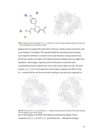 27
FIG 9. Ligand interaction diagram of 2_6_1 and 3D view of the receptor-ligand complex from top view
– showing binding to an anomalous residue.
diagram does not support this observation with just a single pi-cation interaction, and
no pi stacking or h bonding. The rationale behind the anomalously poor docking
score might be attributed to a narrow crevice that introduces strong contact forces,
but the low number of residues in the ligand interaction diagram does not support this
hypothesis. Interestingly, inspection of the 3D structure reveals that where
compounds previously resided in the centre of the Taurus shape (see Fig. 10) of the
receptor, 2_6_1_Q is on the underside of the receptor, targeting Arg-208 (see Fig.
9) – a residue that has not been involved in docking in any previous compound, or
FIG 10. Top view of 2_6_1_Q (left) and 2_3_1 (right) demonstrating the structure of the latter reaching
into the negative space of the Taurus
any of the binding for AF10847 (the improved combinatorial ligand). Direct
comparison of 2_6_1_Q with 2_3_1_Q illustrates this – although the nitrogen
 