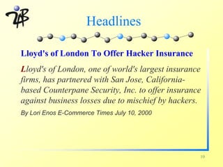 Headlines

Lloyd's of London To Offer Hacker Insurance
Lloyd's of London, one of world's largest insurance
firms, has partnered with San Jose, California-
based Counterpane Security, Inc. to offer insurance
against business losses due to mischief by hackers.
By Lori Enos E-Commerce Times July 10, 2000




                                                  10
 