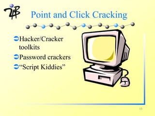 Point and Click Cracking

ÜHacker/Cracker
 toolkits
ÜPassword crackers
Ü“Script Kiddies”




                                13
 