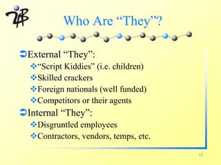Who Are “They”?

ÜExternal “They”:
  v“Script Kiddies” (i.e. children)
  vSkilled crackers
  vForeign nationals (well funded)
  vCompetitors or their agents
ÜInternal “They”:
  vDisgruntled employees
  vContractors, vendors, temps, etc.

                                       15
 