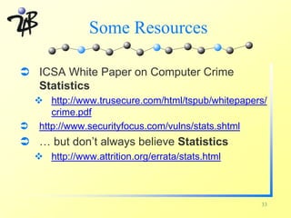 Some Resources

Ü ICSA White Paper on Computer Crime
  Statistics
  v http://www.trusecure.com/html/tspub/whitepapers/
     crime.pdf
Ü http://www.securityfocus.com/vulns/stats.shtml
Ü … but don’t always believe Statistics
   v http://www.attrition.org/errata/stats.html



                                                  33
 