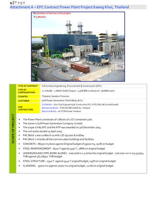 4 | P a g e
Attachment A – EPC Contract Power Plant Project Kaeng Khoi, Thailand
SCOPEOFPROJECT
TYPE OF CONTRACT Full turnkey Engineering, Procurement & Construction (EPC).
TYPE OF
CONFIGURATION
2 x KA26B – 2 (Multi Shaft) Output : 1,468 MW (2 blocks of ~760MW each)
COUNTRY Thailand, Saraburi Province
CUSTOMER Gulf Power Generation Client:Mitsui & Co
SUB-
CONTRACTORS
Civil Works – Sino-Thai Engineering & Construction PCL (STECON), McConnell Dowell
Mechanical Works – STECON MECHANICAL, Thailand.
Electrical Works – ALSTOM Power Thailand.
• The Power Plant constitutes of 2 Blocks of 2 GT combined cycle.
• The owner is Gulf Power Generation Company Limited.
• The scope is fully EPC and the NTP was awarded on 3rd December 2004.
• The civil works started 25 April 2005.
• PAC Block 1 was 01 March 07 with L/D 250,000 Euro/Day.
• PAC Block 1 includes all the common plant buildings and facilities.
• CONCRETE – 86500 m3 done against Original budget of 59000 m3, 150% on budget
• STEEL REINFORCEMENT – 8520 T against 4530 T , 188% on original budget
• UNDERGROUND [ PIPE WORK ALONE] - executed is 2.4 times the original budget . cost over run is 117,532914
THB against 48,218501 THB budget.
• STEEL STRUCTURE – 5340 T against 3440 T original budget, 155% on original budget
• CLADDING- 33000 m2 against 27000 m2 original budget , 122% on original budget.
My duration of service in this project
5 Months
 