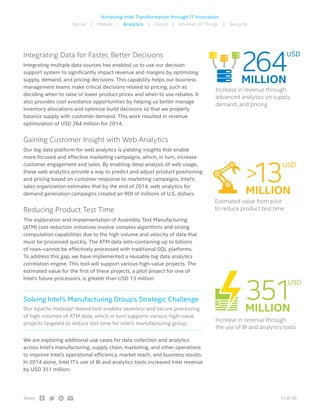 11 of 20Share:
Achieving Intel Transformation through IT Innovation
Social | Mobile | Analytics | Cloud | Internet of Things | Security
Integrating Data for Faster, Better Decisions
Integrating multiple data sources has enabled us to use our decision
support system to significantly impact revenue and margins by optimizing
supply, demand, and pricing decisions. This capability helps our business
management teams make critical decisions related to pricing, such as
deciding when to raise or lower product prices and when to use rebates. It
also provides cost avoidance opportunities by helping us better manage
inventory allocations and optimize build decisions so that we properly
balance supply with customer demand. This work resulted in revenue
optimization of USD 264 million for 2014.
Gaining Customer Insight with Web Analytics
Our big data platform for web analytics is yielding insights that enable
more focused and effective marketing campaigns, which, in turn, increase
customer engagement and sales. By enabling deep analysis of web usage,
these web analytics provide a way to predict and adjust product positioning
and pricing based on customer response to marketing campaigns. Intel’s
sales organization estimates that by the end of 2014, web analytics for
demand generation campaigns created an ROI of millions of U.S. dollars.
Reducing Product Test Time
The exploration and implementation of Assembly Test Manufacturing
(ATM) cost reduction initiatives involve complex algorithms and strong
computation capabilities due to the high volume and velocity of data that
must be processed quickly. The ATM data sets–containing up to billions
of rows–cannot be effectively processed with traditional SQL platforms.
To address this gap, we have implemented a reusable big data analytics
correlation engine. This tool will support various high-value projects. The
estimated value for the first of these projects, a pilot project for one of
Intel’s future processors, is greater than USD 13 million.
Solving Intel’s Manufacturing Group’s Strategic Challenge
Our Apache Hadoop*-based tool enables seamless and secure processing
of high volumes of ATM data, which in turn supports various high-value
projects targeted to reduce test time for Intel’s manufacturing group.
We are exploring additional use cases for data collection and analytics
across Intel’s manufacturing, supply chain, marketing, and other operations
to improve Intel’s operational efficiency, market reach, and business results.
In 2014 alone, Intel IT’s use of BI and analytics tools increased Intel revenue
by USD 351 million.
Increase in revenue through
advanced analytics on supply,
demand, and pricing
MILLION
264
USD
Estimated value from pilot
to reduce product test time
MILLION
13
USD
Increase in revenue through
the use of BI and analytics tools
MILLION
351
USD
 
