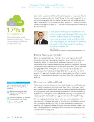 14 of 20Share:
Achieving Intel Transformation through IT Innovation
Social | Mobile | Analytics | Cloud | Internet of Things | Security
data center environments.3
We attribute the success of our private cloud to
implementing a provider-like cloud hosting strategy, advancing self-service
infrastructure as a service and platform as a service, and enabling cloud-
aware applications. Our private cloud saves about USD 7.5 million annually
while supporting an increase of 17 percent in operating system instances in
the environment.
Making Applications Smarter
Cloud-aware applications can maximize cloud advantages such as self-
service provisioning, elasticity, run-anywhere design, multi-tenancy, and
design for failure. To enhance Intel developers’ skill sets, in 2013 we
delivered 8 code-a-thons in 3 geographical regions, training over 100 Intel
developers in how to build cloud-aware applications. In 2014, we released
design patterns that developers can reuse for aspects of cloud-aware
infrastructure. By increasing interoperability between private and public
clouds, this approach of designing cloud-aware applications has moved us
closer to a federated, interoperable, and open cloud that is agile and cost
effective.
Our Journey to Hybrid Cloud
To increase our understanding of how hybrid clouds can benefit Intel, we
are conducting a hybrid cloud PoC using open source OpenStack* APIs.
Hybrid cloud hosting can provide additional external capacity to augment
our own private cloud while enabling us to optimize our internal capacity.
Hybrid cloud hosting also increases flexibility, allowing us to dynamically
adjust capacity when needed to support business initiatives efficiently.
We have accelerated hosting decisions for our business customers by
developing a methodical approach to determine the best hosting option.
We consider security, control, cost, location, application requirements,
capacity, and availability before arriving at a hosting decision for each use
case. Offering optimized hosting solutions improves business agility and
velocity while reducing costs.
3	
We group our data center infrastructure environment into five unique verticals that represent main business-
computing solution areas (referred to as DOMES): Design, Office, Manufacturing, Enterprise, and Services.
Take Action
Learn more about what Intel IT is
doing with cloud through these
resources:
 Making Private-Public Cloud
Decisions on the Way to a
Hybrid Cloud
 Simplifying the Path for Building
an Enterprise Private Cloud
Find more at intel.com/IT
“The IT team working with Intel Federal are
all ‘get it done type of people.’ The expertise
is there, and the depth of knowledge. You
never hear anybody celebrating their skill
sets, they just get the job done…It’s not only
the quality of the team but the way they
work that’s impressive.”
 Dave Patterson
Vice President, Data Center Group President, Intel Federal LLC
Our private cloud saves
approximately USD 7.5 million
annually while supporting
an increase in use
17%OS Instances
2013
2014
 