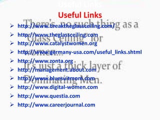 Useful Links
Useful Links
 http://www.breaktheglassceiling.com/
 http://www.theglassceiling.com
 http://www.catalystwomen.org
 http://www.germany-usa.com/useful_links.shtml
 http://www.zonta.org
 http://management.about.com
 http://www.bluesuitmom.com
 http://www.digital-women.com
 http://www.questia.com
 http://www.careerjournal.com
 