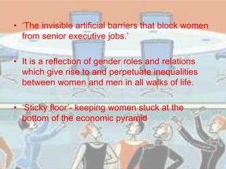 • ‘The invisible artificial barriers that block women
from senior executive jobs.’
• It is a reflection of gender roles and relations
which give rise to and perpetuate inequalities
between women and men in all walks of life.
• ‘Sticky floor’- keeping women stuck at the
bottom of the economic pyramid
 