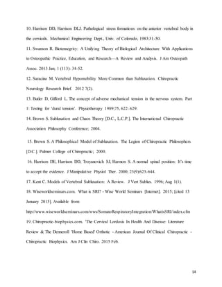 14
10. Harrison DD, Harrison DLJ. Pathological stress formations on the anterior vertebral body in
the cervicals. Mechanical Engineering Dept., Univ. of Colorado, 1983:31-50.
11. Swanson R. Biotensegrity: A Unifying Theory of Biological Architecture With Applications
to Osteopathic Practice, Education, and Research—A Review and Analysis. J Am Osteopath
Assoc. 2013 Jan; 1 (113): 34-52.
12. Saracino M. Vertebral Hypomobility More Common than Subluxation. Chiropractic
Neurology Research Brief. 2012 7(2).
13. Butler D, Gifford L. The concept of adverse mechanical tension in the nervous system. Part
1: Testing for ‘dural tension’. Physiotherapy 1989;75, 622–629.
14. Brown S. Subluxation and Chaos Theory [D.C., L.C.P.]. The International Chiropractic
Association Philosophy Conference; 2004.
15. Brown S. A Philosophical Model of Subluxation. The Legion of Chiropractic Philosophers
[D.C.]. Palmer College of Chiropractic; 2000.
16. Harrison DE, Harrison DD, Troyanovich SJ, Harmon S. A normal spinal position: It’s time
to accept the evidence. J Manipulative Physiol Ther. 2000; 23(9):623-644.
17. Kent C. Models of Vertebral Subluxation: A Review. J Vert Sublux. 1996; Aug 1(1).
18. Wiseworldseminars.com. What is SRI? - Wise World Seminars [Internet]. 2015; [cited 13
January 2015]. Available from:
http://www.wiseworldseminars.com/wws/SomatoRespiratoryIntegration/WhatisSRI/index.cfm
19. Chiropractic-biophysics.com. 'The Cervical Lordosis In Health And Disease: Literature
Review & The Denneroll 'Home Based' Orthotic - American Journal Of Clinical Chiropractic -
Chiropractic Biophysics. Am J Clin Chiro. 2015 Feb.
 