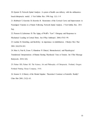 15
20. Epstein D. Network Spinal Analysis: A system of health care delivery with the subluxation-
based chiropractic model. J. Vert Sublux Res. 1996 Aug: 1(1): 1-9.
21. Rohrbach T, Knowles D, Knowles R. Restoration of the Cervical Curve and Improvement in
Neurolgical Function in a Patient Following Network Spinal Analysis. J Vert Sublux Res. 2011
Sep.
22. Pearson O, Lieberman D. The Aging of Wolff’s “Law”: Ontogeny and Responses to
Mechanical Loading in Cortical Bone. Am J Phys Anthropol. 2004; 47:63–99.
23. Lardner R. Stretching and flexibility: its importance in rehabilitation. J Bodyw Mov Ther
2001; 5(4):254-263.
24. Masi A, Nair K, Evans T, Ghandour P. Clinical, Biomechanical, and Physiological
Translational Interpretations of Human Resting Myofascial Tone or Tension. Int J Ther Massage
Bodywork. 2010; 3(4).
25. Palmer DD, Palmer BJ. The Science, Art and Philosophy of Chiropractic. Portland, Oregon:
Portland Printing House Company, 1910.
26. Senzon S. A History of the Mental Impulse: Theoretical Construct or Scientific Reality?
Chiro Hist 2001; 21(2): 63.
 