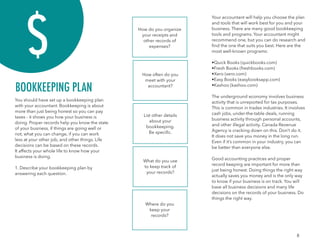 8
You should have set up a bookkeeping plan
with your accountant. Bookkeeping is about
more than just being honest so you can pay
taxes - it shows you how your business is
doing. Proper records help you know the state
of your business, if things are going well or
not, what you can change, if you can work
less at your other job, and other things. Life
decisions can be based on these records.
It affects your whole life to know how your
business is doing.
1. Describe your bookkeeping plan by
answering each question.
BOOKKEEPING PLAN
What do you use
to keep track of
your records?
Where do you
keep your
records?
How do you organize
your receipts and
other records of
expenses?
How often do you
meet with your
accountant?
List other details
about your
bookkeeping.
Be specific.
Your accountant will help you choose the plan
and tools that will work best for you and your
business. There are many good bookkeeping
tools and programs. Your accountant might
recommend one, but you can do research and
find the one that suits you best. Here are the
most well-known programs:
•Quick Books (quickbooks.com)
•Fresh Books (freshbooks.com)
•Xero (xero.com)
•Easy Books (easybooksapp.com)
•Kashoo (kashoo.com)
The underground economy involves business
activity that is unreported for tax purposes.
This is common in trades industries. It involves
cash jobs, under-the-table deals, running
business activity through personal accounts,
and other illegal activity. Canada Revenue
Agency is cracking down on this. Don’t do it.
It does not save you money in the long run.
Even if it’s common in your industry, you can
be better than everyone else.
Good accounting practices and proper
record keeping are important for more than
just being honest. Doing things the right way
actually saves you money and is the only way
to know if your business is on track. You will
base all business decisions and many life
decisions on the records of your business. Do
things the right way.
 