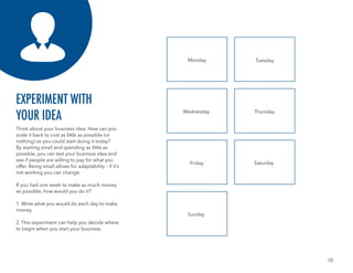 10
Think about your business idea. How can you
scale it back to cost as little as possible (or
nothing) so you could start doing it today?
By starting small and spending as little as
possible, you can test your business idea and
see if people are willing to pay for what you
offer. Being small allows for adaptability – if it’s
not working you can change.
If you had one week to make as much money
as possible, how would you do it?
1. Write what you would do each day to make
money.
2. This experiment can help you decide where
to begin when you start your business.
EXPERIMENT WITH
YOUR IDEA
Saturday
Monday
Thursday
Friday
Sunday
Tuesday
Wednesday
 
