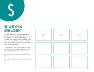 21
A good bank can be a valuable partner for
your business, not only for possible financing
down the road, but also in helping you
manage your money in ways that allow you to
grow and expand. Choose a bank carefully.
Work with one that supports your goals and
vision for your business.
1. Research the banks in your area and find
one that suits your needs and vision for the
future. Write the pros and cons of each.
2. Narrow your list down to two that interest
you.
3. Visit both of them and choose the one you
like best.
GET A BUSINESS
BANK ACCOUNT
Bank Pros Cons
 