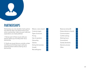 22
Partnerships are only valuable if each partner
has skills the other one doesn’t have. If you
enter a partnership, make sure your roles and
expectations are clearly defined.
1. Review each of these issues with your
partner before you formally enter into a
partnership.
2. Clarify any issues that are currently unclear
and Discuss all of these topics with your
potential partner before entering into a
pertnership.
PARTNERSHIPS
Mission, vision, brand
Customer types
Types of services
Pricing
Size of operation
Ownership
Salaries
Exiting the business
Growth
Risk willingness
Revenue and profit
Duties (division of work)
Communication
Conflict solving
Working hours
Commitment
Quality Standards
Decision process
Other
 