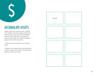 23
Assets make your business more valuable
and credible. They also make possible the
eventual sale of your business. It will take
time to accumulate them, but keep the
goal in mind so you can take advantage of
opportunities when they arise.
1. Add to this list of assets as you acquire
them.
2. Make a list of assets that would add value
to your business. Set goals to acquire them
when you have the means.
ACCUMULATE ASSETS
Assests
 
