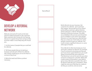25
Referrals and word-of-mouth are the best
ways for trades businesses to get customers.
New customers don’t know you, but hearing
that you’re a good choice from someone they
do know makes it more likely they will choose
you.
1. List the names of people that you could ask
for referrals.
2. Tell these people that you’re starting a
business and ask each of them for referrals.
Ask if there’s anything you can do for them or
someone they know.
3. Write the result and follow up where
necessary.
DEVELOP A REFERRAL
NETWORK
Build referrals into your business. Ask
customers for referrals – don’t just hope
they happen. Set yourself up to do a good
job by telling customers upfront that you
will be asking for a referral. Tell them you’re
looking to build your business. This adds
accountability to the process and shows that
you’re confident in your work. Give people
directions on how to give you referrals (how
they can contact you most easily, etc.). Give
people incentive to give you referrals. This
could include a significant discount, or some
other type of reward.
Give referrals to other businesses you trust,
and build a network of referrals. For example,
if you fix someone’s plumbing and they ask
you if you know a good electrician, you could
always recommend the same electrician.
That electrician can do the same for you when
someone is looking for a plumber. Work with
a wide variety of businesses in your field to
get as many referrals as possible. Also, don’t
be afraid to talk with your competition. There
might be some work that they are unable to
do that you could do, and vice versa.
Name/Result
 