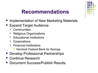 Recommendations
 Implementation of New Marketing Materials
 Expand Target Audience
 Communities
 Religious Organizations
 Educational Institutions
 Corporations
 Financial Institutions
 Hemlock Federal Bank for Savings
 Develop Professional Partnerships
 Continue Research
 Document Success/Publish Results
 