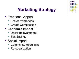 Marketing Strategy
 Emotional Appeal
 Foster Awareness
 Create Compassion
 Economic Impact
 Dollar Reinvestment
 Tax Savings
 Social Impact
 Community Rebuilding
 Re-socialization
 