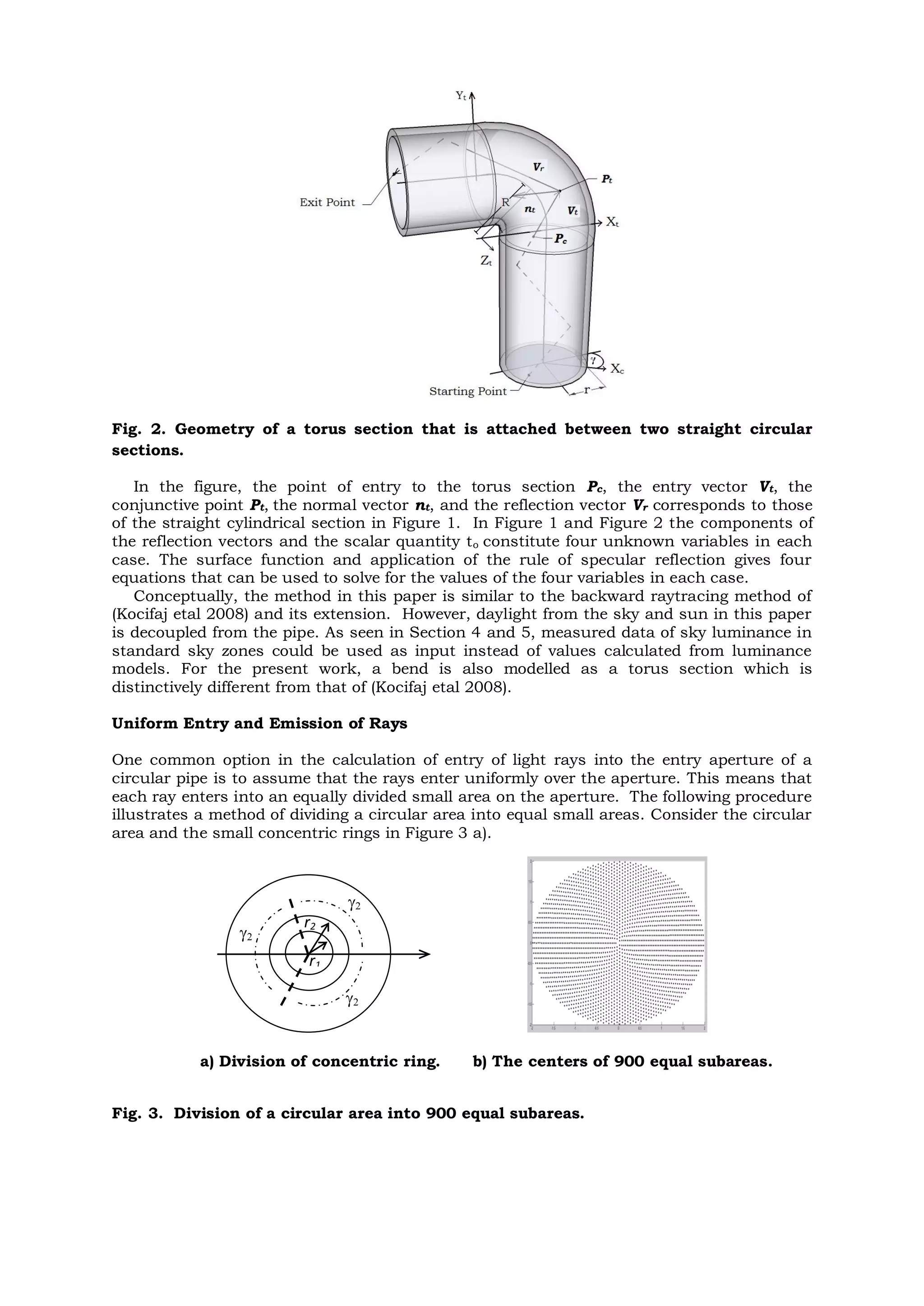 Fig. 2. Geometry of a torus section that is attached between two straight circular
sections.
In the figure, the point of entry to the torus section Pc, the entry vector Vt, the
conjunctive point Pt, the normal vector nt, and the reflection vector Vr corresponds to those
of the straight cylindrical section in Figure 1. In Figure 1 and Figure 2 the components of
the reflection vectors and the scalar quantity to constitute four unknown variables in each
case. The surface function and application of the rule of specular reflection gives four
equations that can be used to solve for the values of the four variables in each case.
Conceptually, the method in this paper is similar to the backward raytracing method of
(Kocifaj etal 2008) and its extension. However, daylight from the sky and sun in this paper
is decoupled from the pipe. As seen in Section 4 and 5, measured data of sky luminance in
standard sky zones could be used as input instead of values calculated from luminance
models. For the present work, a bend is also modelled as a torus section which is
distinctively different from that of (Kocifaj etal 2008).
Uniform Entry and Emission of Rays
One common option in the calculation of entry of light rays into the entry aperture of a
circular pipe is to assume that the rays enter uniformly over the aperture. This means that
each ray enters into an equally divided small area on the aperture. The following procedure
illustrates a method of dividing a circular area into equal small areas. Consider the circular
area and the small concentric rings in Figure 3 a).
a) Division of concentric ring. b) The centers of 900 equal subareas.
Fig. 3. Division of a circular area into 900 equal subareas.
r1
r2



 
