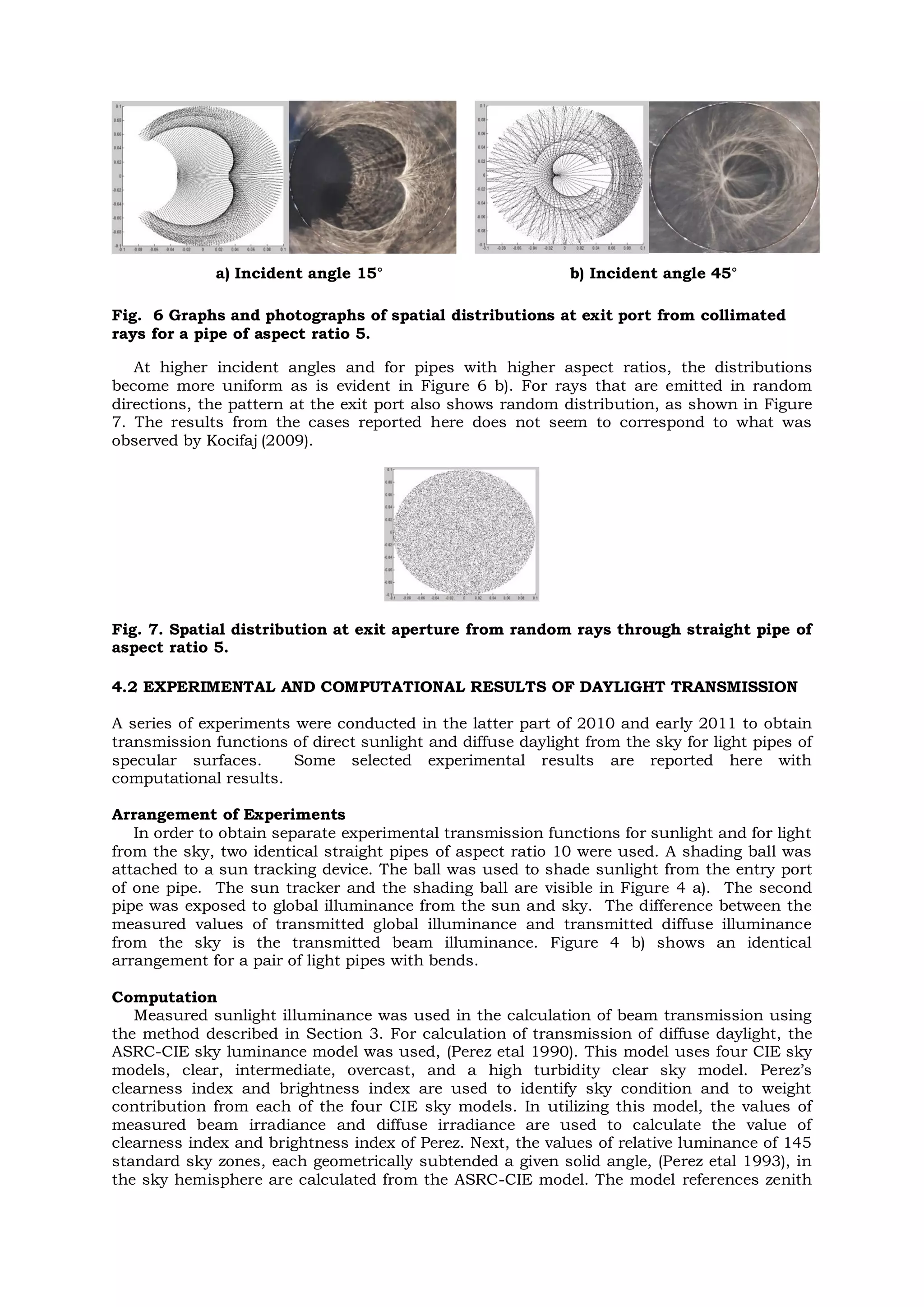 a) Incident angle 15° b) Incident angle 45°
Fig. 6 Graphs and photographs of spatial distributions at exit port from collimated
rays for a pipe of aspect ratio 5.
At higher incident angles and for pipes with higher aspect ratios, the distributions
become more uniform as is evident in Figure 6 b). For rays that are emitted in random
directions, the pattern at the exit port also shows random distribution, as shown in Figure
7. The results from the cases reported here does not seem to correspond to what was
observed by Kocifaj (2009).
Fig. 7. Spatial distribution at exit aperture from random rays through straight pipe of
aspect ratio 5.
4.2 EXPERIMENTAL AND COMPUTATIONAL RESULTS OF DAYLIGHT TRANSMISSION
A series of experiments were conducted in the latter part of 2010 and early 2011 to obtain
transmission functions of direct sunlight and diffuse daylight from the sky for light pipes of
specular surfaces. Some selected experimental results are reported here with
computational results.
Arrangement of Experiments
In order to obtain separate experimental transmission functions for sunlight and for light
from the sky, two identical straight pipes of aspect ratio 10 were used. A shading ball was
attached to a sun tracking device. The ball was used to shade sunlight from the entry port
of one pipe. The sun tracker and the shading ball are visible in Figure 4 a). The second
pipe was exposed to global illuminance from the sun and sky. The difference between the
measured values of transmitted global illuminance and transmitted diffuse illuminance
from the sky is the transmitted beam illuminance. Figure 4 b) shows an identical
arrangement for a pair of light pipes with bends.
Computation
Measured sunlight illuminance was used in the calculation of beam transmission using
the method described in Section 3. For calculation of transmission of diffuse daylight, the
ASRC-CIE sky luminance model was used, (Perez etal 1990). This model uses four CIE sky
models, clear, intermediate, overcast, and a high turbidity clear sky model. Perez’s
clearness index and brightness index are used to identify sky condition and to weight
contribution from each of the four CIE sky models. In utilizing this model, the values of
measured beam irradiance and diffuse irradiance are used to calculate the value of
clearness index and brightness index of Perez. Next, the values of relative luminance of 145
standard sky zones, each geometrically subtended a given solid angle, (Perez etal 1993), in
the sky hemisphere are calculated from the ASRC-CIE model. The model references zenith
 