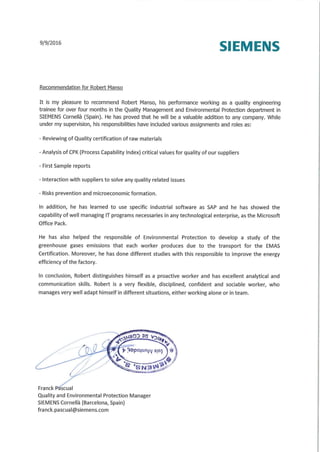 Recommendation letter from the Quality and Environmental Protection Manager