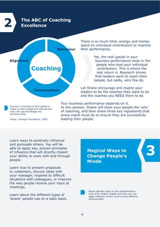 4
The ABC of Coaching
Excellence
There is so much time, energy and money
spent on individual contributors to improve
their performance.
Yet, the real upside in your
business performance rests in the
people who lead your individual
contributors. This is where the
real return is. Research shows
that leaders want to coach their
people, but sadly, very few do.
Let Shane encourage and inspire your
leaders to be the coaches they want to be
and the coaches you NEED them to be.
Your business performance depends on it.
In this session, Shane will show your people the ‘why’
of coaching, and then share three key ingredients that
every coach must do to ensure they are successfully
leading their people.
2
Success in business is 85% ability to
relate to other people and attitude and
only 15% job knowledge and
technical skills.
Study: Carnegie Foundation, 2005
4
3
Learn ways to positively influence
and pursuade others. You will be
able to apply key, proven principles
of influence that will directly impact
your ability to work with and through
people.
Learn how to present proposals
to customers, discuss ideas with
your manager, respond to difficult
situations with colleagues, or improve
the way people receive your input at
meetings.
Learn about the different types of
‘power’ people use on a daily basis.
Shane will also draw on the comprehensive
work of Dr. Robert Cialidini and how you can
apply influence ‘levers’ to be a more effective
communicator.
Magical Ways to
Change People’s
Minds
 