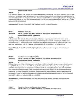 UDAI SINGH
+919557297393, +919760073232 (CELL), UDAYSIKARWAR@GMAIL.COM
2005/2008 and AJAX, JavaScript.
Team Size : 3
In this application I have done LDAP integration for accessing the active directory information. All above mention applications (LMS, RL, MERC
etc.) are using this application for user login purpose. All the user management related work have been completed by this application. User is
created in the active directory and directly shows in the CLF. Here we assign rights to that user for accessing the applications. After login to this
application user can access any of the above mentioned applications. Front end of this application is developed by using ASP.Net 2.0/3.5 and
Back end is in SQL Server2005/2008.
Responsibilities: Sr. Developer. Responsible for Bug Fixing, Stored procedure writing, LDAP integration.
PROJECT : Reference Library (RL)
Technologies : ASP.NET 3.5/2.0 using Visual C# .NET 2005/2008, SQL Server 2005/2008, Microsoft Visual Studio
2005/2008 and AJAX, JavaScript, Crystal Reports.
Team Size : 8
In RL we managed all the static data of above mentioned suite. In this system we provide user custom hierarchy creation tool for
developing hierarchy according to the requirement. We also provide dynamic search functionality for searching the data. Also export
functionality included in it. This application provides source data for LMS, MER and Tax applications. This application is just like a data
center for all other application. Front end is developed by using ASP.Net 2.0/3.5 and Back end is in SQL Server2005/2008.
Responsibilities: Sr. Developer. Responsible for Bug Fixing, Create Reports, Stored procedure writing, work distribution to my team
members.
PROJECT : Liquidity Management System(LMS)
Technologies : ASP.NET 3.5/2.0 using Visual C# .NET 2005/2008, SQL Server 2005/2008, Microsoft Visual Studio
2005/2008 and AJAX, JavaScript, Crystal Reports.
Team Size : 8
LMS is a very strong data analysis and data processing system. System has the import capability for importing large number of transaction
through CSV files. System imports more then 15 files in a day for different-different transaction displays. For processing the capital
contribution, rebalancing and cash flow management of fund. System imports files manually through browse option and auto (FTP/UNC)
option. System also capable to transmit file to other third parties location (FTP/UNC/web services). The LMS have been developed over
three modules, first of these containing the core cash-flow processing and system infrastructure and the second of these containing the
core rebalancing process and capital contributions and the third one is containing the future forecasting processing. Front end is developed
by using ASP.Net 2.0/3.5 and Back end is in SQL Server2005/2008.
Responsibilities: Sr. Developer. Responsible for Bug Fixing, Create Reports, Stored procedure writing, work distribution to my team
members.
PROJECT : Management Expenses Ratio Calculation System (MERC)
Technologies : ASP.NET 3.5/2.0 using Visual C# .NET 2005/2008, SQL Server 2005/2008, Microsoft Visual Studio
PAGE 3 OF 6
 