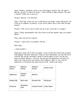 Agent: “fantastic, purchasing a home is one of the biggest decisions they will make in
their life, our job is to make it the easiest.” *stick out hand to shake prospects “My name
is AGENT NAME, nice to meet you.”
Prospect: “likewise, I am John Doe”
Agent: “Well John, is there any way I could talk get your friends contact information? He
or she has no obligation to purchase, we just want to inform them so they make the right
decision.”
Prospect: “Uhh, I’m not sure he would want me to give out his info to a stranger.”
Agent: “Totally understandable John. How about we call him together using your speaker
phone?”
Pause, smile and wait for a response
Prospect: “ I guess there is no problem with that…”
Phone rings….
++END SCRIPT++
Experienced agents will be able to recognize a waste of sales time based on the prospects
body language and facial expressions. If they are short and interrupt you, then they aren’t
worth the time and the conversation should be closed quickly to move on to the next
home for optimal efficiency. Of course, trial and error and adjustments will need to be
made to the script because each prospect will be different. Below is a list of all the
subdivisions in Woodstock that range between $150k - $200k to get started.
Allatoona
Downs
Allatoona
Shores
Allatoona
Woods
Ansley Forest
Applewood
Audubon
Forest
Belmont
Bentley Hills Bluff creek Bramble Oak Brentwood
Briarwood
Brookshire
Park
Cardinal Woods Cedar Hollow
 