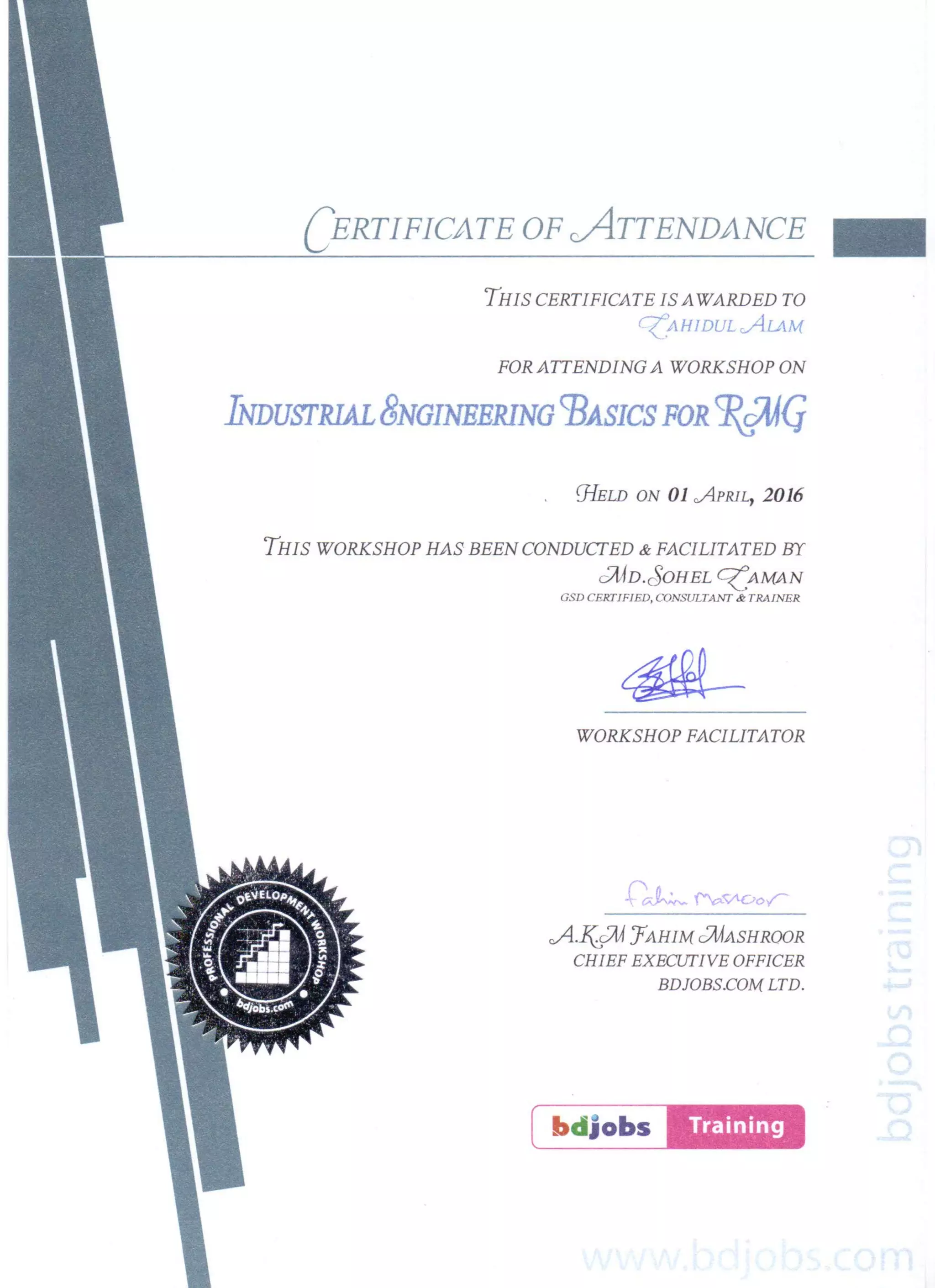 Industrial Engineering Basics for RMG training certificate PDF