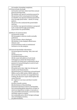 
	
  
(e)	
  number	
  of	
  pending	
  complaints.	
  
(7)	
  General	
  body	
  meetings:	
  
(a)	
  location	
  and	
  time,	
  where	
  last	
  three	
  annual	
  	
  
general	
  meetings	
  held;	
  
(b)	
  whether	
  any	
  special	
  resolutions	
  passed	
  in	
  	
  
the	
  previous	
  three	
  annual	
  general	
  meetings;	
  
(c)	
  whether	
  any	
  special	
  resolution	
  passed	
  last	
  	
  
year	
  through	
  postal	
  ballot	
  –	
  details	
  of	
  voting	
  	
  
pattern;	
  
(d)	
  person	
  who	
  conducted	
  the	
  postal	
  ballot	
  	
  
exercise;	
  
(e)	
  whether	
  any	
  special	
  resolution	
  is	
  proposed	
  	
  
to	
  be	
  conducted	
  through	
  postal	
  ballot;	
  
(f)	
  procedure	
  for	
  postal	
  ballot.	
  
	
  
(8)	
  Means	
  of	
  communication:	
  
(a)	
  quarterly	
  results;	
  
(b)	
  newspapers	
  wherein	
  results	
  normally	
  	
  
published;	
  
(c)	
  any	
  website,	
  where	
  displayed;	
  
(d)	
  whether	
  it	
  also	
  displays	
  official	
  news	
  	
  
releases;	
  and	
  
(e)	
  presentations	
  made	
  to	
  institutional	
  	
  
investors	
  or	
  to	
  the	
  analysts.	
  
	
  
(9)	
  General	
  shareholder	
  information:	
  
(a)	
  annual	
  general	
  meeting	
  -­‐	
  date,	
  time	
  and	
  	
  
venue;	
  
(b)	
  financial	
  year;	
  
(c)	
  dividend	
  payment	
  date;	
  
(d)	
  the	
  name	
  and	
  address	
  of	
  each	
  stock	
  	
  
exchange(s)	
  at	
  which	
  the	
  listed	
  entity's	
  	
  
securities	
  are	
  listed	
  and	
  a	
  confirmation	
  about	
  	
  
payment	
  of	
  annual	
  listing	
  fee	
  to	
  each	
  of	
  such	
  	
  
stock	
  exchange(s);	
  
(e)	
  stock	
  code;	
  
(f)	
  market	
  price	
  data-­‐	
  high,	
  low	
  during	
  each	
  	
  
month	
  in	
  last	
  financial	
  year;	
  
(g)	
  performance	
  in	
  comparison	
  to	
  broad-­‐based	
  	
  
indices	
  such	
  as	
  BSE	
  sensex,	
  CRISIL	
  Index	
  etc;	
  
(h)	
  in	
  case	
  the	
  securities	
  are	
  suspended	
  from	
  	
  
trading,	
  the	
  directors	
  report	
  shall	
  explain	
  the	
  	
  
reason	
  thereof;	
  
(i) registrar	
  to	
  an	
  issue	
  and	
  share	
  transfer	
  	
  
	
  	
  	
  	
  	
  	
  	
  agents;	
  
(j)	
  share	
  transfer	
  system;	
  
(k)	
  distribution	
  of	
  shareholding;	
  
(l)	
  dematerialization	
  of	
  shares	
  and	
  liquidity;	
  
(m)	
  outstanding	
  global	
  depository	
  receipts	
  or	
  	
  
american	
  depository	
  receipts	
  or	
  warrants	
  or	
  	
  
any	
  convertible	
  instruments,	
  conversion	
  date	
  	
  
and	
  likely	
  impact	
  on	
  equity;	
  
(n)	
  commodity	
  price	
  risk	
  or	
  foreign	
  exchange	
  	
  
risk	
  and	
  hedging	
  activities;	
  
(o)	
  plant	
  locations;	
  
 
