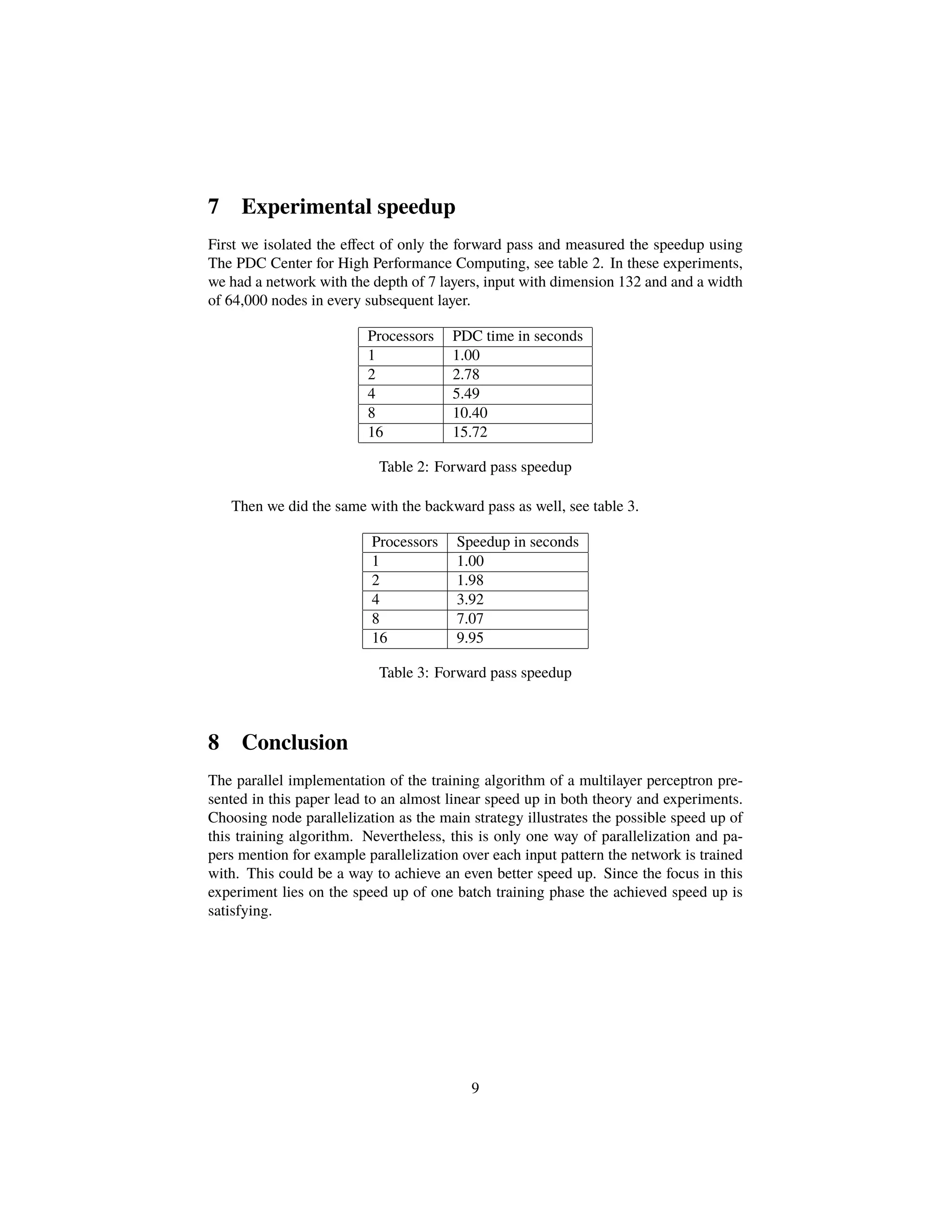 7 Experimental speedup
First we isolated the eﬀect of only the forward pass and measured the speedup using
The PDC Center for High Performance Computing, see table 2. In these experiments,
we had a network with the depth of 7 layers, input with dimension 132 and and a width
of 64,000 nodes in every subsequent layer.
Processors PDC time in seconds
1 1.00
2 2.78
4 5.49
8 10.40
16 15.72
Table 2: Forward pass speedup
Then we did the same with the backward pass as well, see table 3.
Processors Speedup in seconds
1 1.00
2 1.98
4 3.92
8 7.07
16 9.95
Table 3: Forward pass speedup
8 Conclusion
The parallel implementation of the training algorithm of a multilayer perceptron pre-
sented in this paper lead to an almost linear speed up in both theory and experiments.
Choosing node parallelization as the main strategy illustrates the possible speed up of
this training algorithm. Nevertheless, this is only one way of parallelization and pa-
pers mention for example parallelization over each input pattern the network is trained
with. This could be a way to achieve an even better speed up. Since the focus in this
experiment lies on the speed up of one batch training phase the achieved speed up is
satisfying.
9
 