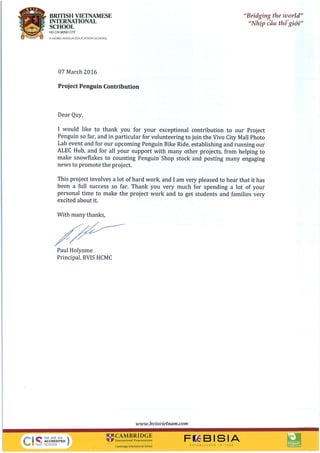 Thank You Letter From Pricipal for Penguin Project