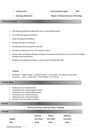 • Faculty of Arts Tanta University, Egypt 2000
• Sociology Department Degree: Professional license in Sociology
• Soft Opening Certificate of Appreciation from Le Royal Holiday Resort.
• Front Office Management Certificate.
• Modern Management Certificate.
• Strategic Management Certificate.
• Housekeeping skills development certificate.
• Fire fighting certificate from the Civil Protection Institute.
• Thanks Letter from Resident Manager at Swiss inn Pyramids Golf & Resorts due covering the Front Office
Manager during his absences.
• Employee of the Month from Holiday inn Resort Sharm El Sheikh May 2004.
Training:
• Tel Manner – Health & Safety – Terrorism Training – be my Guest - I Q Training- Priority Club –
Experience – I arrive - Leader Ship – Craft Certificate - H/K Training.
• Professional user in Opera System
• Professional user in Fidelio System “Suite 8”
• Professional user in Room Master System
• Professional user in Internet Explorer
• Professional user in Microsoft Outlook
• Proficient in the use of Microsoft Office
Driving, Swimming, Listening to Music, Travelling.
Reading Writing Speaking
English: Very Good Very Good Very Good
Italy : Good Good Good
5 | Mohamed El Nady C . V
Computer SkillsComputer Skills
InterestsInterests
LanguageLanguage
Training & CertificateTraining & Certificate
 