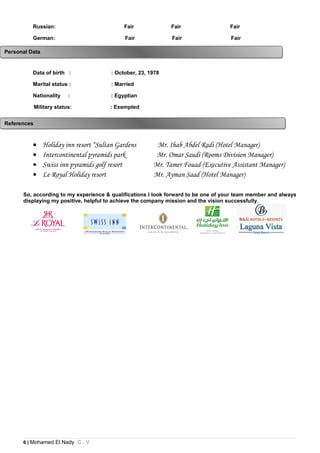 Russian: Fair Fair Fair
German: Fair Fair Fair
Data of birth : : October, 23, 1978
Marital status : : Married
Nationality : : Egyptian
Military status: : Exempted
• Holiday inn resort “Sultan Gardens Mr. Ihab Abdel Radi (Hotel Manager)
• Intercontinental pyramids park Mr. Omar Saudi (Rooms Division Manager)
• Swiss inn pyramids golf resort Mr. Tamer Fouad (Executive Assistant Manager)
• Le Royal Holiday resort Mr. Ayman Saad (Hotel Manager)
So, according to my experience & qualifications I look forward to be one of your team member and always
displaying my positive, helpful to achieve the company mission and the vision successfully.
6 | Mohamed El Nady C . V
Personal DataPersonal Data
ReferencesReferences
 
