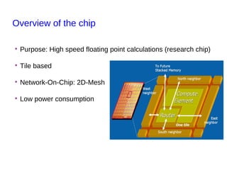 14

Overview of the chip

• Purpose: High speed floating point calculations (research chip)

• Tile based

• Network-On-Chip: 2D-Mesh

• Low power consumption
 