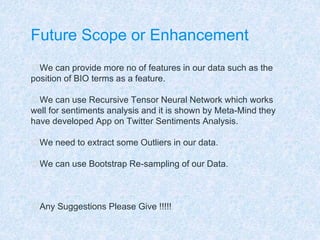 Future Scope or Enhancement
◎We can provide more no of features in our data such as the
position of BIO terms as a feature.
◎We can use Recursive Tensor Neural Network which works
well for sentiments analysis and it is shown by Meta-Mind they
have developed App on Twitter Sentiments Analysis.
◎We need to extract some Outliers in our data.
◎We can use Bootstrap Re-sampling of our Data.
◎Any Suggestions Please Give !!!!!
 