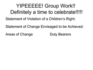 YIPEEEEE! Group Work!!
Definitely a time to celebrate!!!!!
Statement of Violation of a Children’s Right:
Statement of Change Envisaged to be Achieved:
Areas of Change Duty Bearers
 