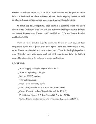 24
600-mA at voltages from 4.5 V to 36 V. Both devices are designed to drive
inductive loads such as relays, solenoids, dc and bipolar stepping motors, as well
as other high-current/high-voltage loads in positive-supply applications.
All inputs are TTL compatible. Each output is a complete totem-pole drive
circuit, with a Darlington transistor sink and a pseudo- Darlington source. Drivers
are enabled in pairs, with drivers 1 and 2 enabled by 1,2EN and drivers 3 and 4
enabled by 3,4EN.
When an enable input is high the associated drivers are enabled, and their
outputs are active and in phase with their inputs. When the enable input is low,
those drivers are disabled, and their outputs are off and in the high-impedance
state. With the proper data inputs, each pair of drivers forms a full-H (or bridge)
reversible drive suitable for solenoid or motor applications.
FEATURES:
_ Wide Supply-Voltage Range: 4.5 V to 36 V
_ Separate Input-Logic Supply
_ Internal ESD Protection
_ Thermal Shutdown
_ High-Noise-Immunity Inputs
_ Functionally Similar to SGS L293 and SGS L293D
_ Output Current 1 A Per Channel (600 mA for L293D)
_ Peak Output Current 2 A Per Channel (1.2 A for L293D)
_ Output Clamp Diodes for Inductive Transient Suppression (L293D)
 