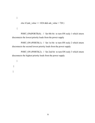 31
}
else if (adc_value <= 1024 && adc_value > 720 )
{
PORT_ON(PORTB,0); // Set 0th bit to turn ON realy 1 which inturn
disconnects the lowest priority loads from the power supply
PORT_ON (PORTB,1); // Set 1st bit to turn ON realy 2 which inturn
disconnects the second lowest priority loads from the power supply
PORT_ON (PORTB,2); // Set 2nd bit to turn ON realy 3 which inturn
disconnects the highest priority loads from the power supply
}
}
}
 