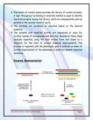 Directed evolution written by Ifrah Ishaq Page 6
3. Expression of mutant genes provides the library of mutant proteins.
A high through put screening or selection method is used to identify
improved progeny among the library, which are subsequently used as
parents in the second round of cycle.
4. The proteins are screened or selected based on the desired
property.
5. The variants with modified activity are sequenced or used for
further rounds of mutagenesis and selection. Rounds of these steps
typically repeated, using the best variant from one round as a
template for the next to achieve stepwise improvements. The
process is repeated until the phenotypic goal is achieved or when no
further improvement of the phenotype is observed despite repeated
iterations.
Diagram Representation
 