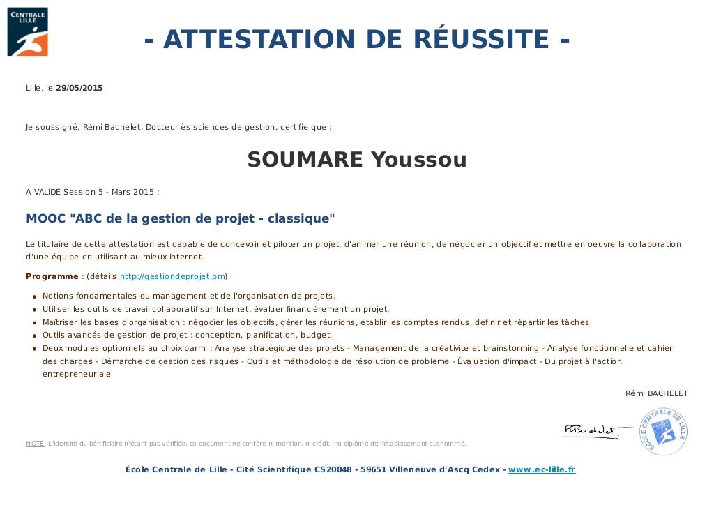 certificat MOOC GESTION DE PROJET