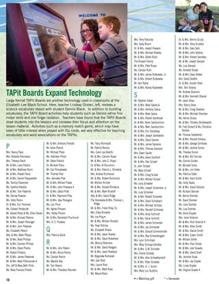 10
P
Mrs. Nancy Pace
Mrs. Roberta Palmisano
Mrs. Theresa Paluh
Mr. & Mrs. Larry Pardini
Mr. & Mrs. Matthew Parini
Mr. & Mrs. Robert Parisi
Mr. & Mrs. Daniel Pasquerette
Ms. Tammy Passmore
Ms. Cynthia Patalita
Mr. & Mrs. Tom Paterniti
Ms. Denise Pearson
Ms. Holly Penco
Dr. & Mrs. Eric Pennock
Ms. Colleen Pentycofe
Mr. Gerald Perez & Ms. Ellen Glover
Mr. & Mrs. Richard Perkins
Mr. & Mrs. Joseph Persinger
Mr. & Mrs. John Petersen
Ms. Elizabeth Petsch
Atty. & Mrs. Mark Phelps
Mr. & Mrs. Brad Phillips
Mr. & Mrs. Carmen Phillips
Mr. & Mrs. David Pianta
Mr. Robert Pickens
Mr. & Mrs. James Piekanski
Mr. & Mrs. Mark Pietrusinski •
Drs. Jeff & Mary Beth Pinto
Ms. Mary Frances Pirrello
Mr. & Mrs. Anthony Pishotti
Mr. Gene Placidi
Mr. Michael Plaza
Ms. Kathleen Polito
Mr. Steve Pollock
Dr. Michele Polon
Mr. Carl Poniatowski
Mr. Thomas Post
Mrs. Vennette Post
Mr. & Mrs. William Power
Mr. & Mrs. John Prassack •
Mr. & Mrs. David Pratt
Dr. & Mrs. Raymond Pray
Mr. & Mrs. Jess Presogna
Ms. Lori Price
Ms. Agnes Priscaro
Mrs. Kathy Proctor
Mr. & Mrs. Randolph Pruchnicki
Mrs. A. C. Pulakos
Q
Mrs. Patricia Quirk
R
Mr. & Mrs. John Rabon
Mr. & Mrs. Bruce Raimy
Ms. Carolyn Rarick
Ms. Marsha Ray
Mr. Tom Reams
Mr. & Mrs. Theodore Reichert
Ms. Tracy Reinhardt
Mr. Patrick Rennie
Mrs. Carol Lee Restifo
Mr. & Mrs. Carmen Riazzi
Mr. & Mrs. John C. Riazzi
Dr. & Mrs. Al Riccomini
Mr. & Mrs. Patrick L. Richards
Mrs. Andrea Richmond
Mr. & Mrs. Robert Richmond
Mr. William Richter
Mr. & Mrs. Donald Richwine
Mr. & Mrs. Mark Rickloff
Atty. & Mrs. David Ridge
The Honorable & Mrs. Thomas J.
Ridge
Mr. & Mrs. Frank Riley, Sr.
Mrs. Clara Rinderle
Ms. Ina Ring •
Mr. & Mrs. William Riordan
Ms. Pearl Ritchie
Ms. Elizabeth Rivera
Mr. & Mrs. Jason Roarke
Mr. & Mrs. David Robertson
Ms. Monica Robinson
Mr. & Mrs. David Rodgers
Mr. & Mrs. Jason Roeback
Mr. Boguslaw Romanek
Mrs. Gail Root
Mrs. Laurie Root
Mr. & Mrs. Mark Rose
Ms. Maura Rossi
Mrs. Terry Rotunda
Mrs. Sally Rouch
Dr. & Mrs. Joseph Rowane
Mr. & Mrs. Michael Rowley
Mr. & Mrs. Albert Rush
The Russell Family
Mr. & Mrs. Pete Russo
Ms. Carolyn Ruth
Mr. & Mrs. James Rutkowski, Jr.
Mr. & Mrs. Robert Rutkowski
Mr. Don Rybar
Mr. & Mrs. Randy Rydzewski
S
Mr. Stephen Saber
Mr. & Mrs. Mark Sabolcik
Mr. & Mrs. Anthony Salvia
Mr. & Mrs. Mark Salvia
Mr. & Mrs. Robert Sambroak
Dr. & Mrs. Kevin Sambuchino
Mr. & Mrs. Marc Sambuchino
Mr. & Mrs. Eric Sandberg
Mr. & Mrs. Joseph Sanfratello
Mr. & Mrs. David Sanner
Mr. & Mrs. James Sansone
Mr. & Mrs. Thomas Sansone
Mrs. Dawn Sauter
Mr. & Mrs. David Sceiford
Mr. & Mrs. Dan Schaaf
Dr. John Schaaf
Ms. Mary Schaaf
Mr. & Mrs. Craig Schaal
Mr. & Mrs. William Schaal
Ms. Julia Schaefer
Mr. & Mrs. Joseph Schember, Jr.
Ms. Judy Schenker
Mr. & Mrs. Robert Schenker
Mr. & Mrs. David Schlabach
Mr. & Mrs. Michael Schloss
Mr. & Mrs. Randall Schlosser
Mr. & Mrs. Andy Schmidt
Dr. & Mrs. Oscar Schmitt
Mr. & Mrs. James Schneider
Mr. & Mrs. Joe Schneider
Mr. & Mrs. Donald Schneidmiller
Mr. & Mrs. Ray Schreckengost
Mrs. Lynn Schrimper
Mrs. Mary Schupp-Candela
Mr. & Mrs. G.W. Schuster
Mrs. Elaine Schwab
Mr. & Mrs. Alex Schwalbendorf
Dr. & Mrs. Peter Scibetta
Mr. & Mrs. A. J. Scolio
Mrs. Mary Lou Scottino
Dr. & Mrs. Dennis Scully
Mr. & Mrs. Terry Scutella
Mr. & Mrs. Gary Seib
Mr. & Mrs. John Selleny
Mr. & Mrs. Robert Semelka
Mr. & Ms. Joseph Semple
Ms. Lisa Semple
Ms. Annette Shade
Mr. & Mrs. Dave Shafer
Mrs. Greta Shaffer
Dr. & Mrs. Suresh Shah
Mrs. Terri Shamp
Mr. Andrew Shannon
Mr. & Mrs. Kenneth Sharrer
Mr. Jason Shea
Mrs. Nancy Shea
Mr. & Mrs. Craig Sheehan
Mr. & Mrs. Michael Sheridan
Ms. Velma Shuba
Mr. & Mrs. Timothy Shuttleworth
Mr. Fred Sickert & Ms. Christine
Vomero
Mr. Thomas Sieberkrob
Mr. & Mrs. Ronald Silvieus
Mr. & Mrs. George Simitoski
Mr. & Mrs. Jerome Simon
Ms. Theresa Simon
Mr. & Mrs. Bill Sinclair
Ms. Connie Sinden
Mr. Michael Sines
Mr. & Mrs. Jim Sitter
Ms. Patricia Sitter
Mr. & Mrs. Kent Sivillo
Ms. Holly Skala
Mr. & Mrs. David Skibicki
Mr. Richard Skinner
Mr. Bernie Slomski
Mr. David Slomski
Ms. Julie Slomski
Ms. Lisa Slomski
Ms. Anne Slupski
Mrs. Irene Smerick
Mr. & Mrs. Rick Smerick •
Mr. & Mrs. Allen Smith
Mr. & Mrs. Daniel Smith
Mr. & Mrs. Edwin Smith
Mr. William Smith
Mr. & Mrs. Paul Smola
Mr. & Mrs. Joel Snavely
Mr. & Mrs. David Snell
Ms. Jennifer Snow
Mr. & Mrs. Jay Snyder
Ms. Linda Snyder
Ms. Virginia Snyder •
• = Matching gift    * = Deceased
TAPit Boards Expand Technology
Large format TAPit Boards are another technology used in classrooms at the
Elizabeth Lee Black School. Here, teacher Lindsay Olivieri, left, reviews a
science vocabulary lesson with student Dennis Black. In addition to building
vocabulary, the TAPit Board activities help students such as Dennis refine fine
motor skills and one finger isolation. Teachers have found that the TAPit Boards
draw students into the lessons and increase their focus and attention on the
lesson material. Activities such as a memory match game, which may have
been of little interest when played with flip cards, are very effective for teaching
vocabulary and word associations on the TAPits.
 
