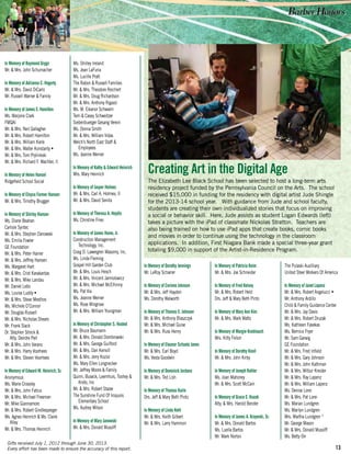 13
In Memory of Raymond Grygo
Mr. & Mrs. John Schumacher
In Memory of Adrianna C. Hagerty
Mr. & Mrs. David DiCarlo
Mr. Russell Warner & Family
In Memory of James E. Hamilton
Ms. Marjorie Clark
FMQAI
Mr. & Mrs. Neil Gallagher
Mr. & Mrs. Robert Hamilton
Mr. & Mrs. William Karle
Mr. & Mrs. Walter Konstanty •
Mr. & Mrs. Tom Prylinkski
Mr. & Mrs. Richard F. Wachter, II
In Memory of Helen Hansel
Ridgefield School Social
In Memory of Eloyce Farmer Hansen
Mr. & Mrs. Timothy Brugger
In Memory of Shirley Hanson
Ms. Diane Beahan
Carlisle Syntec
Mr. & Mrs. Stephen Danowski
Ms. Emilia Fowler
GE Foundation
Mr. & Mrs. Peter Hainer
Mr. & Mrs. Jeffrey Hansen
Ms. Margaret Hart
Mr. & Mrs. Crist Karakantas
Mr. & Mrs. Mike Landau
Mr. Daniel Lebo
Ms. Louise Luddy •
Mr. & Mrs. Steve Mesthos
Ms. Michele O’Connor
Mr. Douglas Russell
Mr. & Mrs. Nicholas Shears
Mr. Frank Slack
Dr. Stephen Strock &
Atty. Deirdre Perl
Mr. & Mrs. John Varano
Mr. & Mrs. Harry Voorhees
Mr. & Mrs. Steven Voorhees
In Memory of Edward M. Heinrich, Sr.
Anonymous
Ms. Marie Crossley
Mr. & Mrs. John Fatica
Mr. & Mrs. Michael Freeman
Mr. Mike Giannamore
Mr. & Mrs. Robert Gindlesperger
Ms. Agnes Heinrich & Ms. Claire
Alley
Mr. & Mrs. Thomas Heinrich
Ms. Shirley Ireland
Ms. Jean LaFuria
Ms. Lucille Pratt
The Rabon & Russell Families
Mr. & Mrs. Theodore Reichert
Mr. & Mrs. Doug Richardson
Mr. & Mrs. Anthony Rigazzi
Ms. M. Eleanor Schwalm
Terri & Casey Schweitzer
Siebenbuerger Gesang Verein
Ms. Donna Smith
Mr. & Mrs. William Vidas
Welch’s North East Staff &
Employees
Ms. Jeanne Werner
In Memory of Kathy & Edward Heinrich
Mrs. Mary Heinrich
In Memory of Jasper Holmes
Mr. & Mrs. Carl A. Holmes, II
Mr. & Mrs. David Senita
In Memory of Theresa A. Hoydic
Ms. Christine Fries
In Memory of James Hume, Jr.
Construction Management
Technology, Inc.
Craig D. Lawergren Masonry, Inc.
Ms. Linda Fleming
Gospel Hill Garden Club
Mr. & Mrs. Louis Hesch
Mr. & Mrs. Vincent Jarmolowicz
Mr. & Mrs. Michael McElhinny
Ms. Pat Via
Ms. Jeanne Werner
Ms. Rose Wingrove
Mr. & Mrs. William Youngman
In Memory of Christopher S. Husted
Mr. Bruce Baumann
Mr. & Mrs. Donald Dombrowski
Mr. & Mrs. George Guilford
Mr. & Mrs. Dan Kensill
Mr. & Mrs. Jerry Koziol
Ms. Mary Ellen Longnecker
Mr. Jeffrey Moore & Family
Quinn, Buseck, Leemhuis, Toohey &
Kroto, Inc
Mr. & Mrs. Robert Stazer
The Sunshine Fund Of Iroquois
Elementary School
Ms. Audrey Wilson
In Memory of Mary Janowski
Mr. & Mrs. Donald Musolff
Creating Art in the Digital Age
The Elizabeth Lee Black School has been selected to host a long-term arts
residency project funded by the Pennsylvania Council on the Arts. The school
received $15,000 in funding for the residency with digital artist Jude Shingle
for the 2013-14 school year. With guidance from Jude and school faculty,
students are creating their own individualized stories that focus on improving
a social or behavior skill. Here, Jude assists as student Logan Edwards (left)
takes a picture with the iPad of classmate Nickolas Stratton. Teachers are
also being trained on how to use iPad apps that create books, comic books
and movies in order to continue using the technology in the classroom
applications. In addition, First Niagara Bank made a special three-year grant
totaling $9,000 in support of the Artist-in-Residence Program.
In Memory of Dorothy Jennings
Mr. LeRoy Scharrer
In Memory of Corinne Johnson
Mr. & Mrs. Jeff Hayden
Ms. Dorothy Walworth
In Memory of Thomas E. Johnson
Mr. & Mrs. Anthony Blaszczyk
Mr. & Mrs. Michael Guise
Mr. & Mrs. Russ Henry
In Memory of Eleanor Schuetz Jones
Mr. & Mrs. Earl Boyd
Ms. Vesta Goodwin
In Memory of Dominick Jordano
Mr. & Mrs. Ted Lish
In Memory of Thomas Karle
Drs. Jeff & Mary Beth Pinto
In Memory of Linda Kehl
Mr. & Mrs. Keith Gilbert
Mr. & Mrs. Larry Hammon
In Memory of Patricia Keim
Mr. & Mrs. Joe Schneider
In Memory of Fred Kelsey
Mr. & Mrs. Robert Held
Drs. Jeff & Mary Beth Pinto
In Memory of Mary Ann Kim
Mr. & Mrs. Mark Watts
In Memory of Margie Knoblauch
Mrs. Kitty Felion
In Memory of Dorothy Knoll
Mr. & Mrs. John Kirby
In Memory of Joseph Kohler
Ms. Joan Mahoney
Mr. & Mrs. Scott McCain
In Memory of Grace E. Kozak
Atty. & Mrs. Harold Bender
In Memory of James A. Krayeski, Sr.
Mr. & Mrs. Donald Bartos
Ms. Luella Bartos
Mr. Mark Norton
The Pulaski Auxilliary
United Steel Workers Of America
In Memory of Janet Lapenz
Mr. & Mrs. Robert Angelucci •
Mr. Anthony Ardillo
Child & Family Guidance Center
Mr. & Mrs. Jay Davis
Mr. & Mrs. Robert Druzak
Ms. Kathleen Fasekas
Ms. Bernice Fryer
Mr. Sam Garwig
GE Foundation
Mr. & Mrs. Fred Infield
Mr. & Mrs. Gary Johnson
Mr. & Mrs. John Kathman
Mr. & Mrs. Wilbur Kreider
Mr. & Mrs. Ray Lapenz
Mr. & Mrs. William Lapenz
Ms. Denise Lorei
Mr. & Mrs. Pat Lorei
Ms. Marian Lundgren
Ms. Marilyn Lundgren
Mrs. Martha Lundgren *
Mr. George Mason
Mr. & Mrs. Donald Musolff
Ms. Betty Orr
Gifts received July 1, 2012 through June 30, 2013.
Every effort has been made to ensure the accuracy of this report.
 