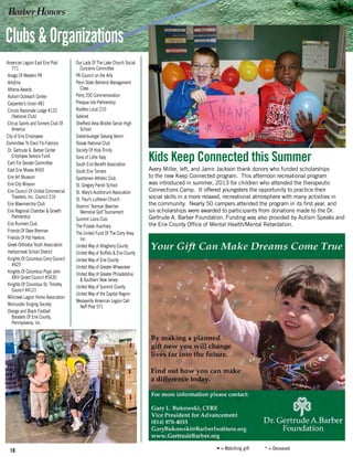 18 • = Matching gift    * = Deceased
American Legion East Erie Post
771
Anago Of Western PA
ArtsErie
Athena Awards
Autism Outreach Center
Carpenter’s Union #81
Circolo Nazionale Lodge #122
(National Club)
Circus Saints and Sinners Club Of
America
City of Erie Employees
Committee To Elect Flo Fabrizio
Dr. Gertrude A. Barber Center
Employee Service Fund
Earll For Senate Committee
East Erie Moose #593
Erie Art Museum
Erie City Mission
Erie Council Of United Commercial
Travelers, Inc. Council 216
Erie Maennerchor Club
Erie Regional Chamber & Growth
Partnership
Erie Runners Club
Friends Of Dave Brennan
Friends Of Pat Harkins
Greek Orthodox Youth Association
Harborcreek School District
Knights Of Columbus Corry Council
#425
Knights Of Columbus Pope John
XXIII Girard Council #5430
Knights Of Columbus St. Timothy
Council #4121
Millcreek Legion Home Association
Moniuszko Singing Society
Orange and Black Football
Boosters Of Erie County,
Pennsylvania, Inc.
Our Lady Of The Lake Church Social
Concerns Committee
PA Council on the Arts
Penn State Behrend Management
Class
Perry 200 Commemoration
Presque Isle Partnership
Roofers Local 210
Safenet
Sheffield Area Middle Senior High
School
Siebenbuerger Gesang Verein
Slovak National Club
Society Of Holy Trinity
Sons of Little Italy
South End Benefit Association
South Erie Turners
Sportsmen Athletic Club
St. Gregory Parish School
St. Mary’s Auditorium Association
St. Paul’s Lutheran Church
Stormin’ Norman Beecher
Memorial Golf Tournament
Summit Lions Club
The Pulaski Auxilliary
The United Fund Of The Corry Area,
Inc.
United Way of Allegheny County
United Way of Buffalo & Erie County
United Way of Erie County
United Way of Greater Milwaukee
United Way of Greater Philadelphia
& Southern New Jersey
United Way of Summit County
United Way of the Capital Region
Wesleyville American Legion Carl
Neff Post 571
Kids Keep Connected this Summer
Avery Miller, left, and Jamir Jackson thank donors who funded scholarships
to the new Keep Connected program. This afternoon recreational program
was introduced in summer, 2013 for children who attended the therapeutic
Connections Camp. It offered youngsters the opportunity to practice their
social skills in a more relaxed, recreational atmosphere with many activities in
the community. Nearly 50 campers attended the program in its first year, and
six scholarships were awarded to participants from donations made to the Dr.
Gertrude A. Barber Foundation. Funding was also provided by Autism Speaks and
the Erie County Office of Mental Health/Mental Retardation.
Clubs&Organizations
 